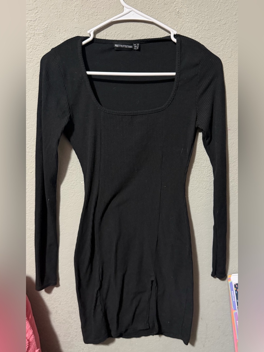 PrettyLittleThing Black Ribbed Long Sleeve Square Neck Dress - Fitted
